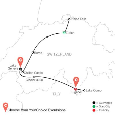 Map for Swiss Sational: Switzerland & Lake Como By Design 2024 - 8 days from Zurich to Lugano