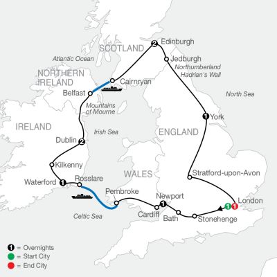 Map for Essential Britain & Ireland 2024 - 10 Day Tour from London to London