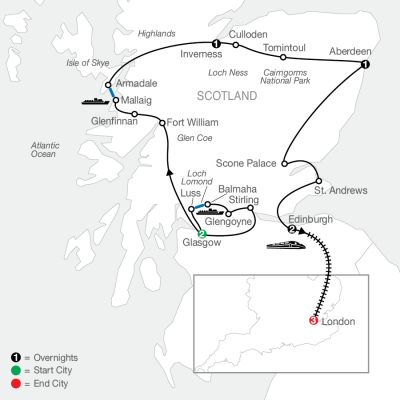 Map for Bonnie Scotland with London 2024 - 10 Day Tour from Glasgow to London