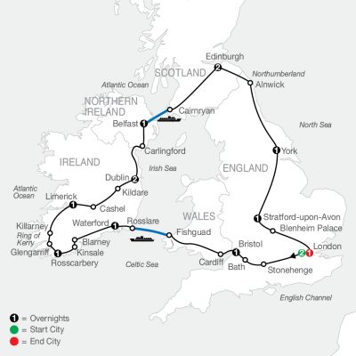 Map for Highlights of Britain & Ireland 2024 - 15 Day Tour from London to London