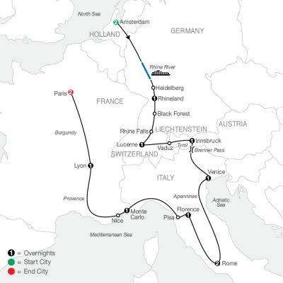 Map for European Tapestry 2024 - 14 days from Amsterdam to Paris
