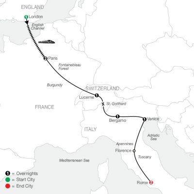 Map for European Highlights 2024 - 9 days from London to Rome
