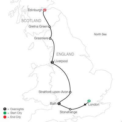Map for British Escape 2024 - 7 Day Tour from London to Edinburgh