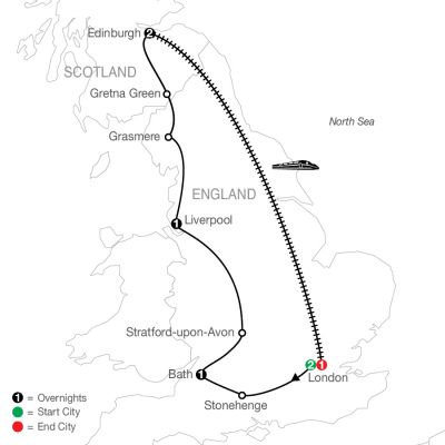 Map for British Escape with Return to London 2024 - 8 Day Tour from London to London