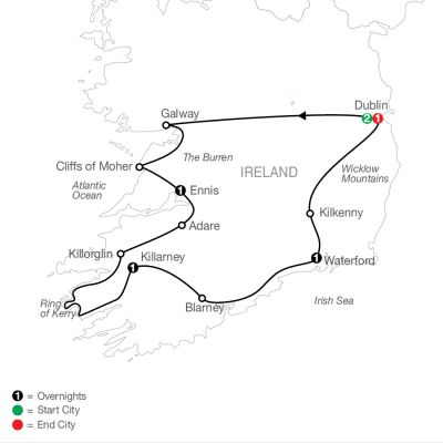 Map for Irish Escape 2024 - 7 Day Tour from Dublin to Dublin