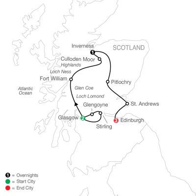Map for Scottish Escape 2024 - 7 Day Tour from Glasgow to Edinburgh
