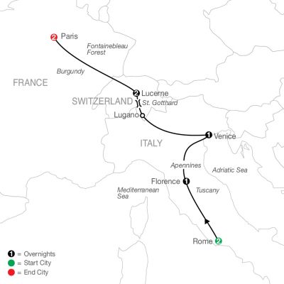 Map for European Escape 2024 - 9 Day Tour from Rome to Paris