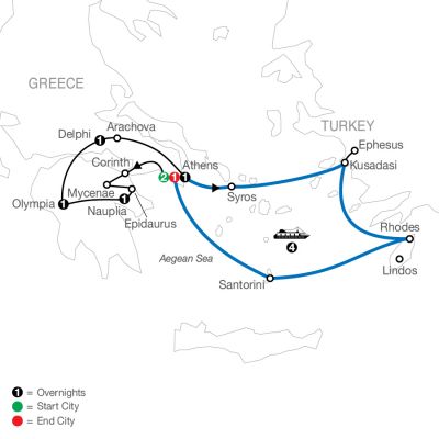 Map for Greek Escape plus 4-night Iconic Cruise 2024 - 12 Day Tour from Athens to Athens
