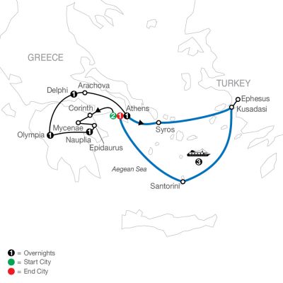 Map for Greek Escape plus 3-night Iconic Cruise 2024 - 11 Day Tour from Athens to Athens