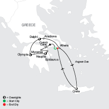 Map for Greek Escape plus 2 nights in Crete 2024 - 9 days from Athens to Athens