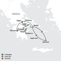 Map for Greek Escape plus 2 nights in Santorini 2024 - 9 days from Athens to Athens