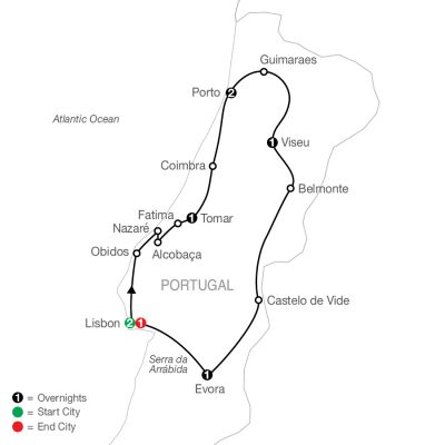 Map for Portuguese Escape 2024 - 9 Day Tour Lisbon to Lisbon