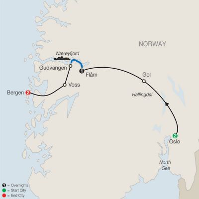 Map for Norwegian Fjords Escape 2024 - 7 days from Oslo to Bergen