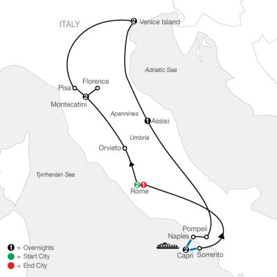 Map for The Best of Italy 2024 - 11 days from Rome to Rome