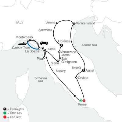 Map for Italian Treasures 2024 - 11 days from Rome to Rome