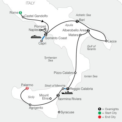 Map for Highlights of Sicily & Southern Italy 2024 - 14 days from Rome to Palermo