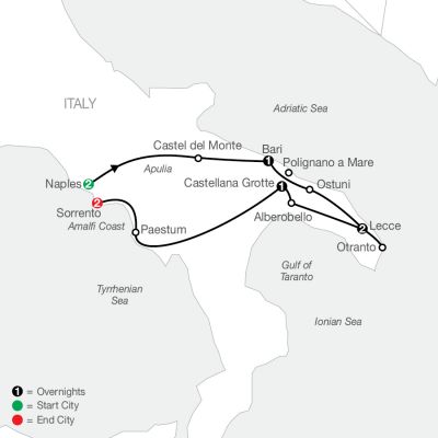 Map for Hidden Treasures of Southern Italy 2024 - 9 days from Naples to Sorrento