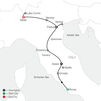 Map for Italian Vista 2024 - 8 days from Rome to Milan