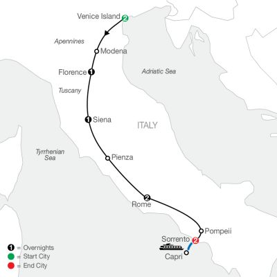 Map for Italian Tapestry 2024 - 9 days from Venice to Sorrento