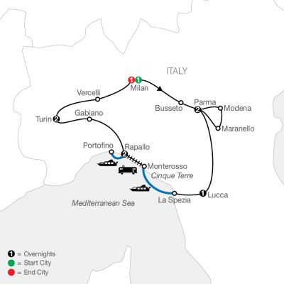 Map for Northern Italy's Highlights & Cinque Terre 2024 - 10 days from Milan to Milan