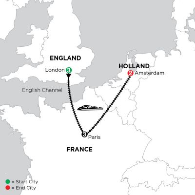 Map for Independent London, Paris & Amsterdam City Stay 2024 - 9 Day Tour from London to Amsterdam