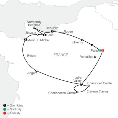 Map for Paris, Normandy, & Châteaux Country 2024 - 9 days from Paris to Paris