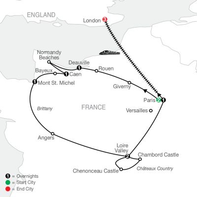 Map for Paris, Normandy & Châteaux Country with London 2024 - 12 days from Paris to London