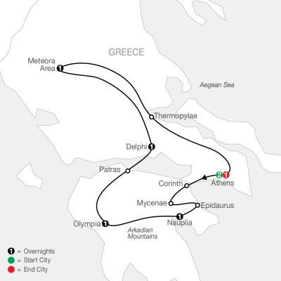 Map for Classical Greece 2024 - 8 days from Athens to Athens