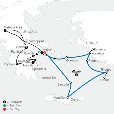 Map for Classical Greece with Iconic Aegean 4-Night Cruise 2024 - 13 days from Athens to Athens