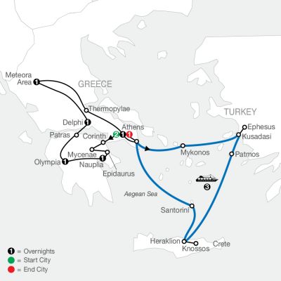 Map for Classical Greece with Iconic Aegean 3-Night Cruise 2024 - 12  days from Athens to Athens