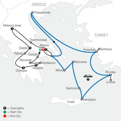 Map for Classical Greece with Idyllic Aegean 7-Night Cruise 2024 - 16 days from Athens to Athens