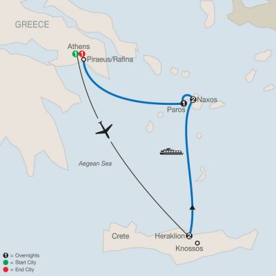Map for Greek Island Adventure 2024 - 8 days from Athens to Athens