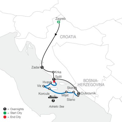 Map for A Taste of Croatia with Coastal Cruise 2024 - 14 Day Tour from Zagreb to Split