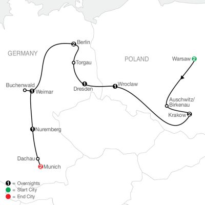 Map for Poland, East Germany & World War II 2024 - 13 days from Warsaw to Munich