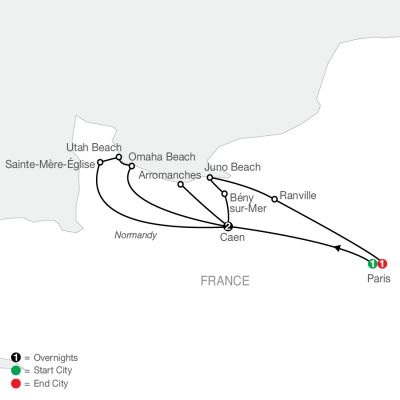 Map for WWII D-Day Landing Beaches & Battle of Normandy 2024 - 5 days from Paris to Paris