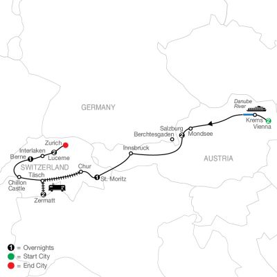 Map for The Best of Austria & Switzerland 2024 - 11 days from Vienna to Zürich