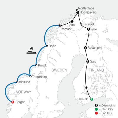Map for Top of Scandinavia with Arctic Circle with Coastal Cruise 2024 - 14 Day Tour from Helsinki to Bergen