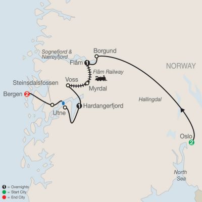 Map for Best of Norway 2024 - 7 days from Oslo to Bergen
