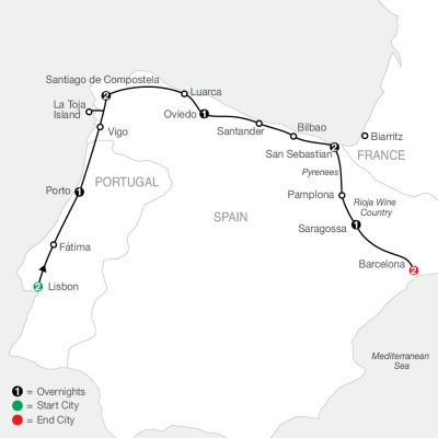 Map for Lisbon & Northern Spain 2024 - 12 days from Lisbon to Barcelona
