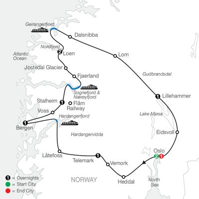 Map for Scenic Norway 2024 - 10 days from Oslo to Oslo