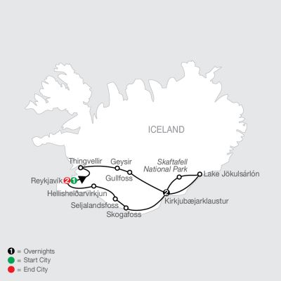 Map for Gems of Iceland with Northern Lights 2024 - 6 Day Tour from Reykjavik to Reykjavik