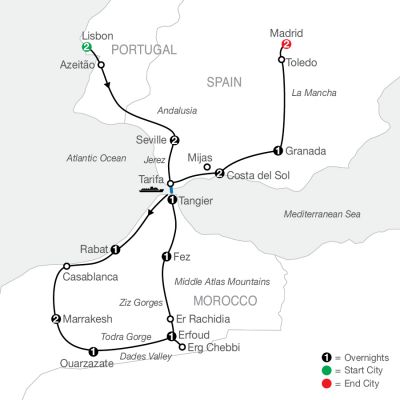 Map for Spain, Portugal & Morocco 2024 - 17 days from Lisbon to Madrid