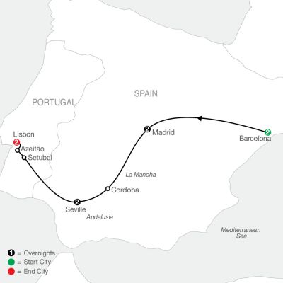 Map for Highlights of Spain and Portugal 2024 - 9 days from Barcelona to Lisbon
