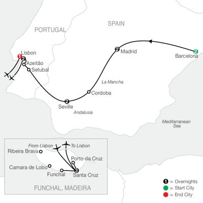 Map for Highlights of Spain and Portugal with Madeira 2024 - 13 days from Barcelona to Lisbon