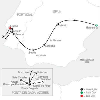 Map for Highlights of Spain and Portugal with Azores 2024 - 13 days from Barcelona to Lisbon