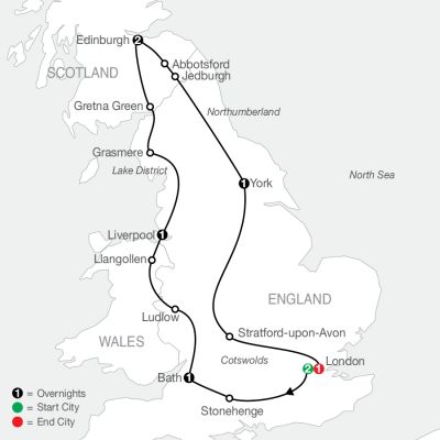 Map for Britain Sampler 2025 - 9 Day Tour from London to London
