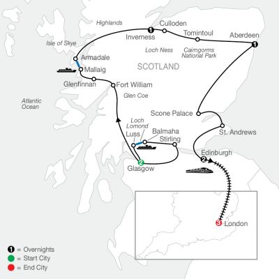 Map for Bonnie Scotland with London 2025 - 10 Day Tour from Glasgow to London