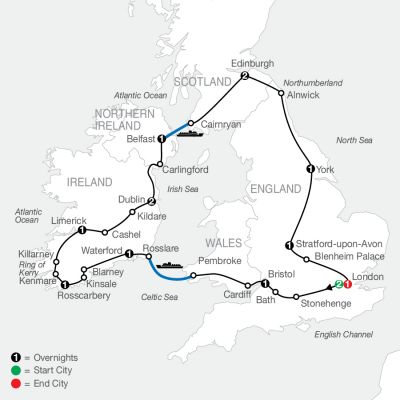 Map for Highlights of Britain & Ireland 2025 - 15 Day Tour from London to London