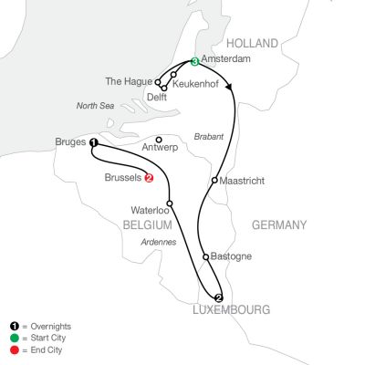 Map for Holland, Luxembourg & Belgium 2025 - 9 days from Amsterdam to Brussels