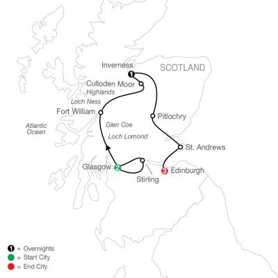 Map for Scottish Escape 2025 - 7 Day Tour from Glasgow to Edinburgh